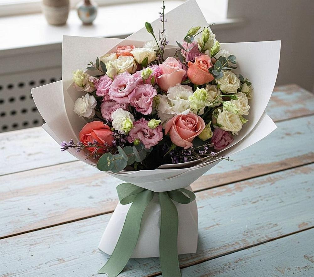 Букет цветов из: Розы, Лизиантусы и Гвоздики в Исилькуле