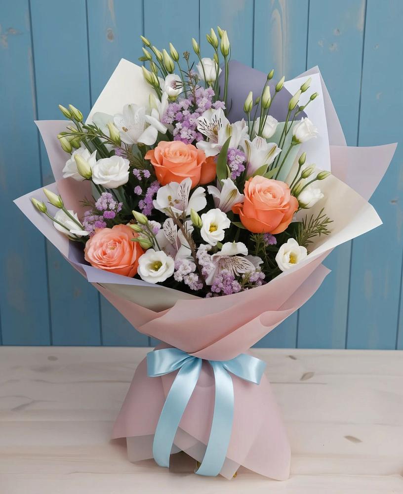 Букет цветов из: Лизиантусы, Розы, Альстромерии и Гипсофила в Исилькуле