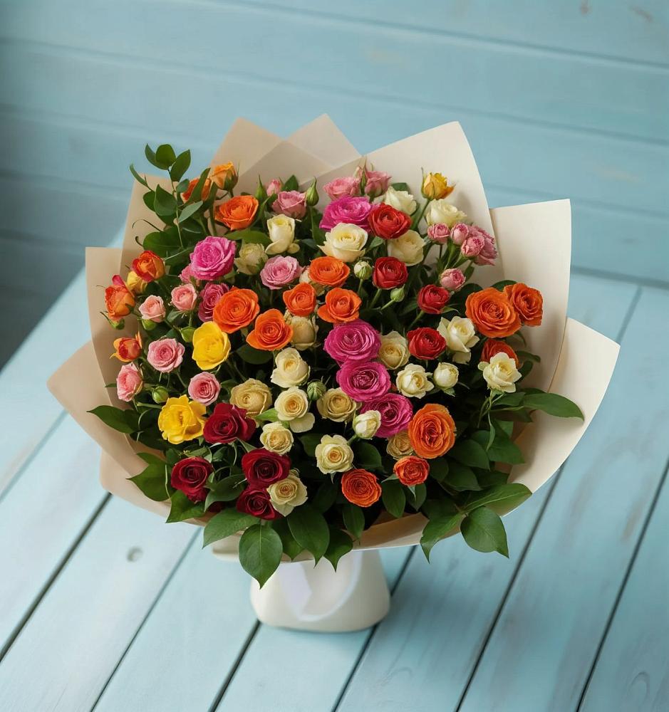 Букет Микс из разноцветных кустовых роз в Исилькуле