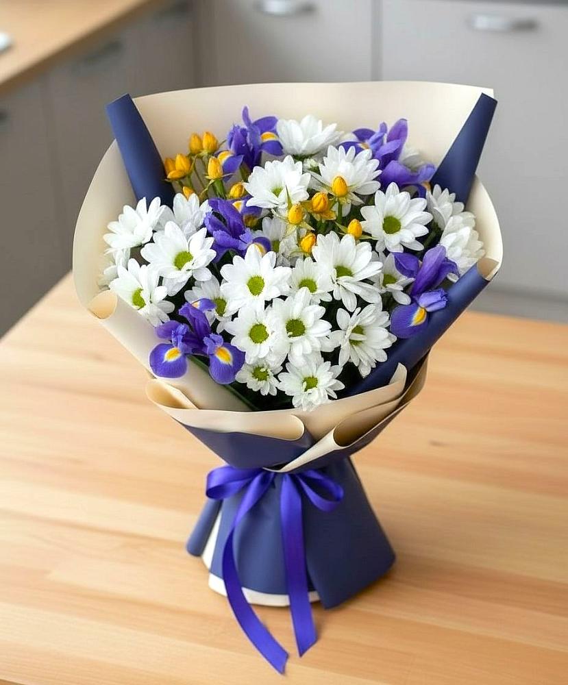 Букет цветов из: Розы, Ирисы и Хризантемы в Исилькуле